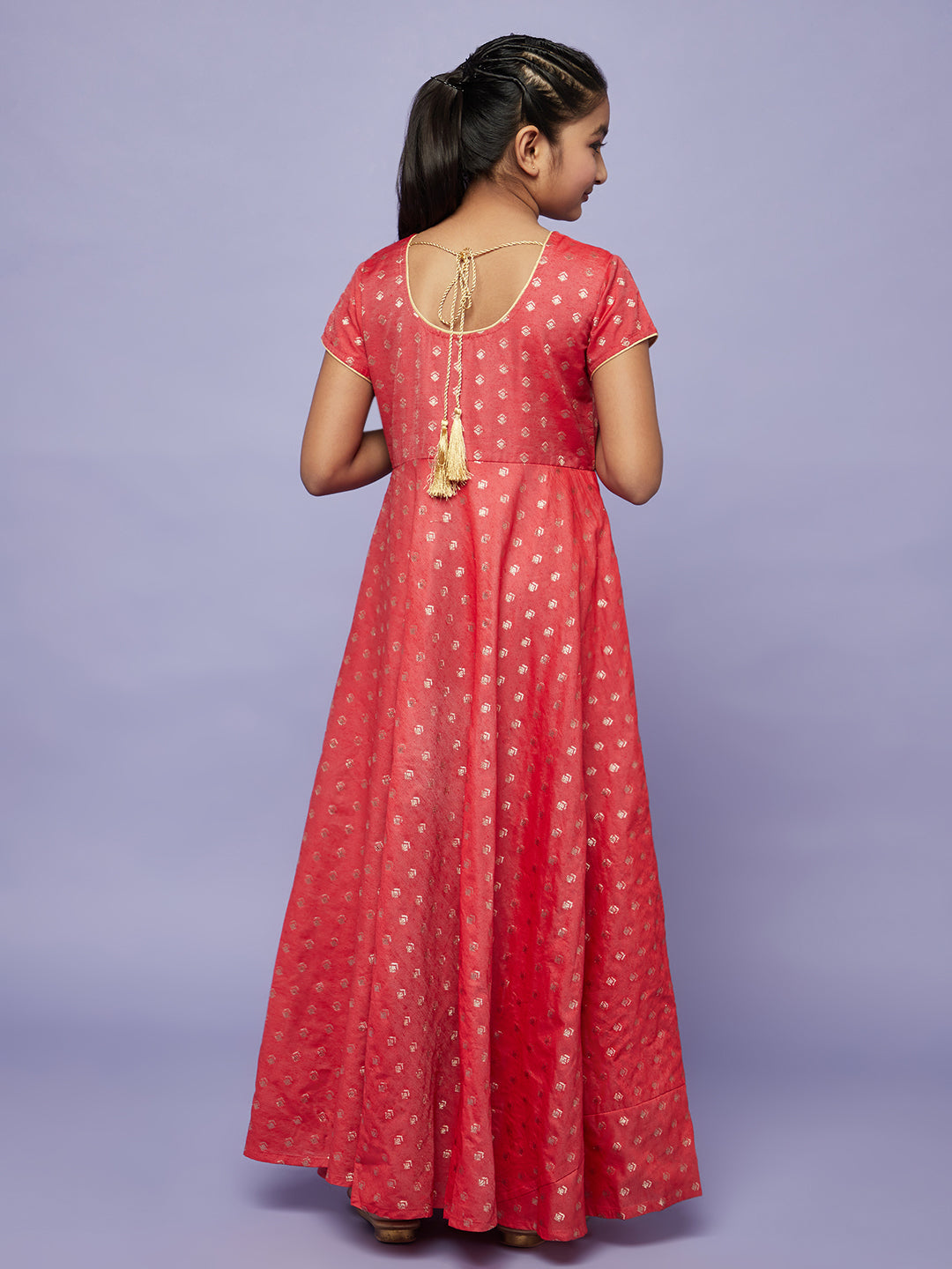 Red Gold Dobby Maxi Dress With Potali Bag - Elganza