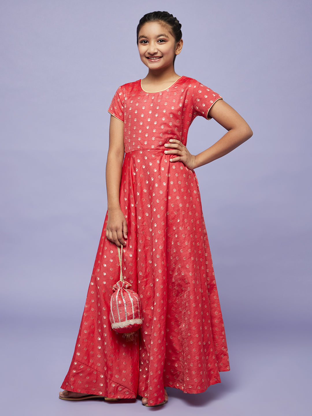Red Gold Dobby Maxi Dress With Potali Bag - Elganza