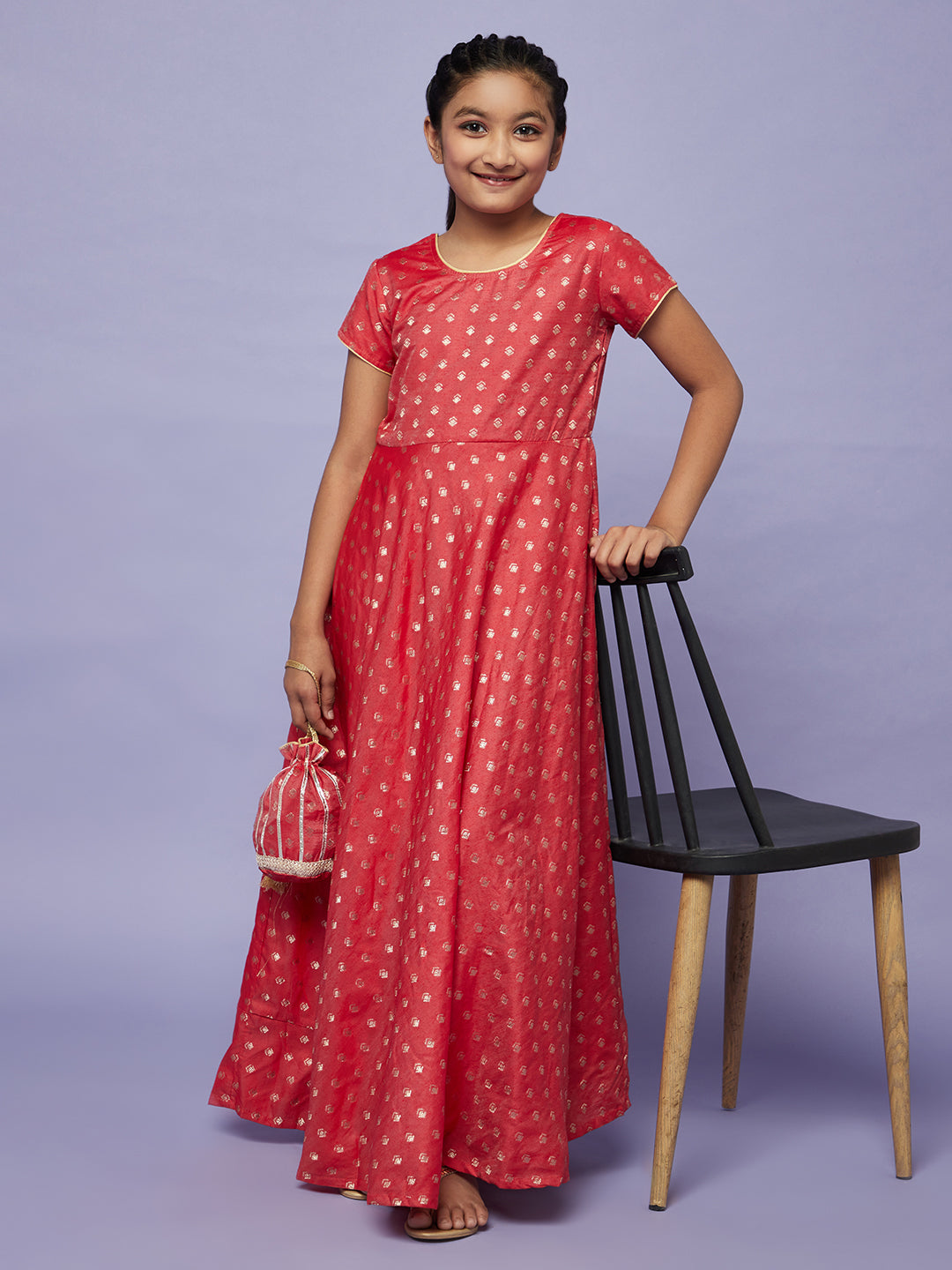 Red Gold Dobby Maxi Dress With Potali Bag - Elganza