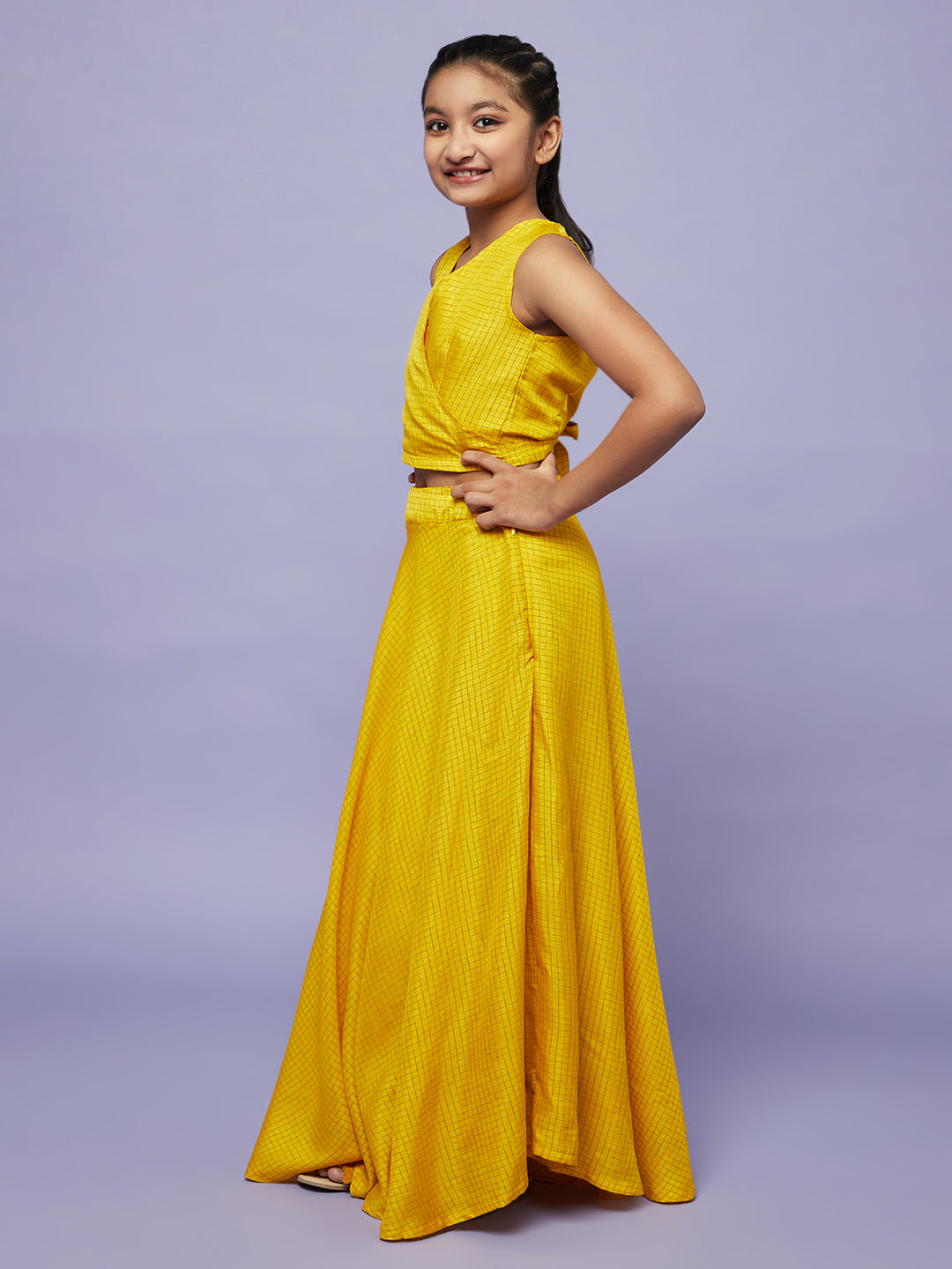 Yellow Checked Lehenga Choli With Dupatta - Elganza