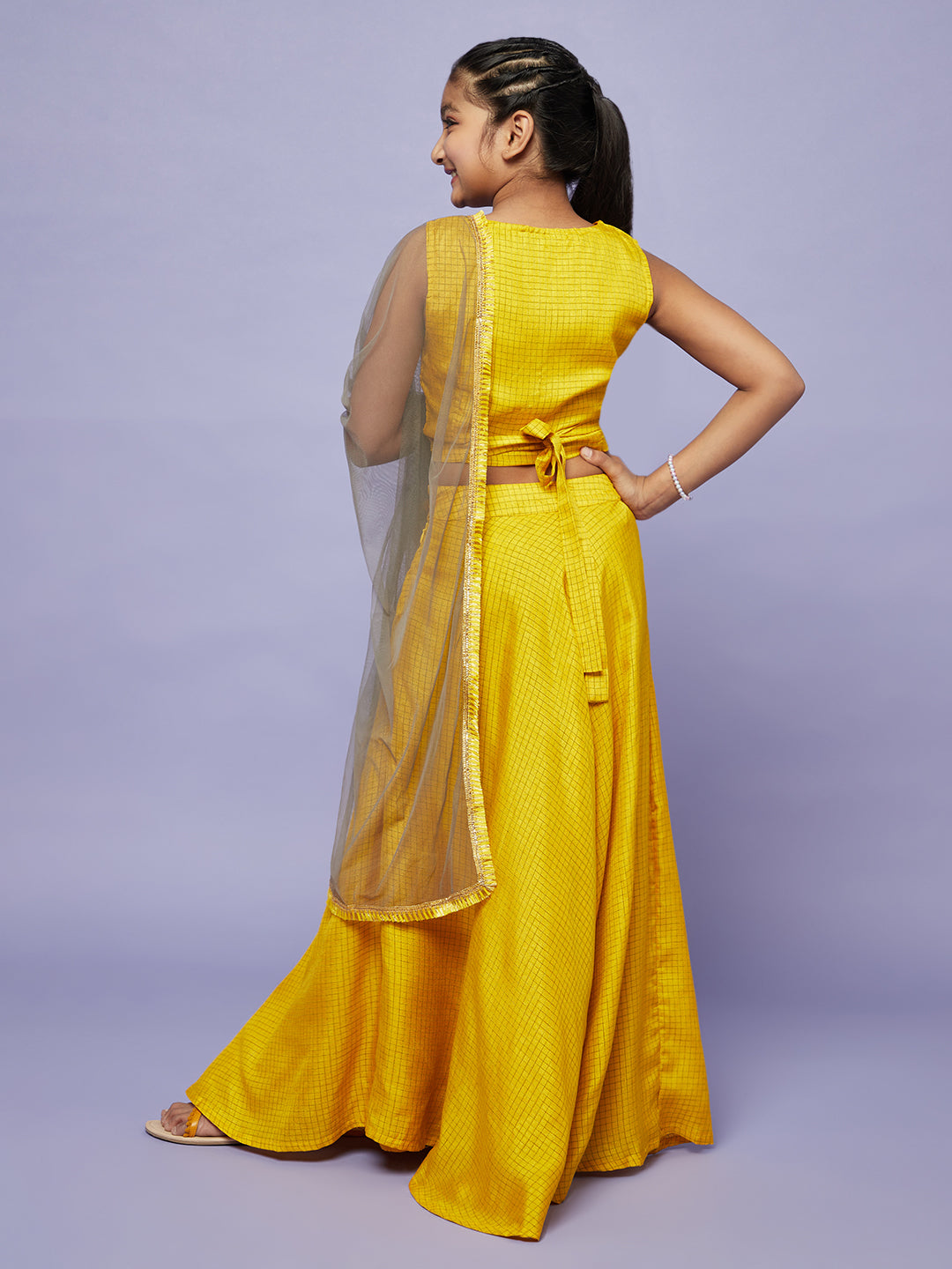 Yellow Checked Lehenga Choli With Dupatta - Elganza