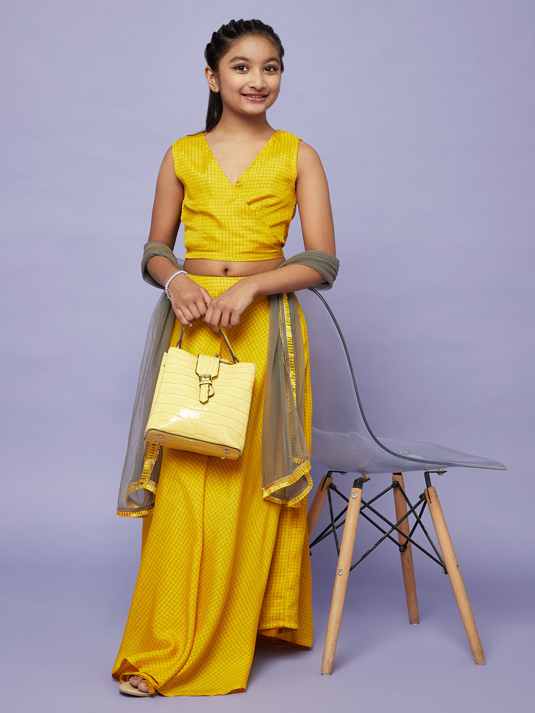 Yellow Checked Lehenga Choli With Dupatta - Elganza