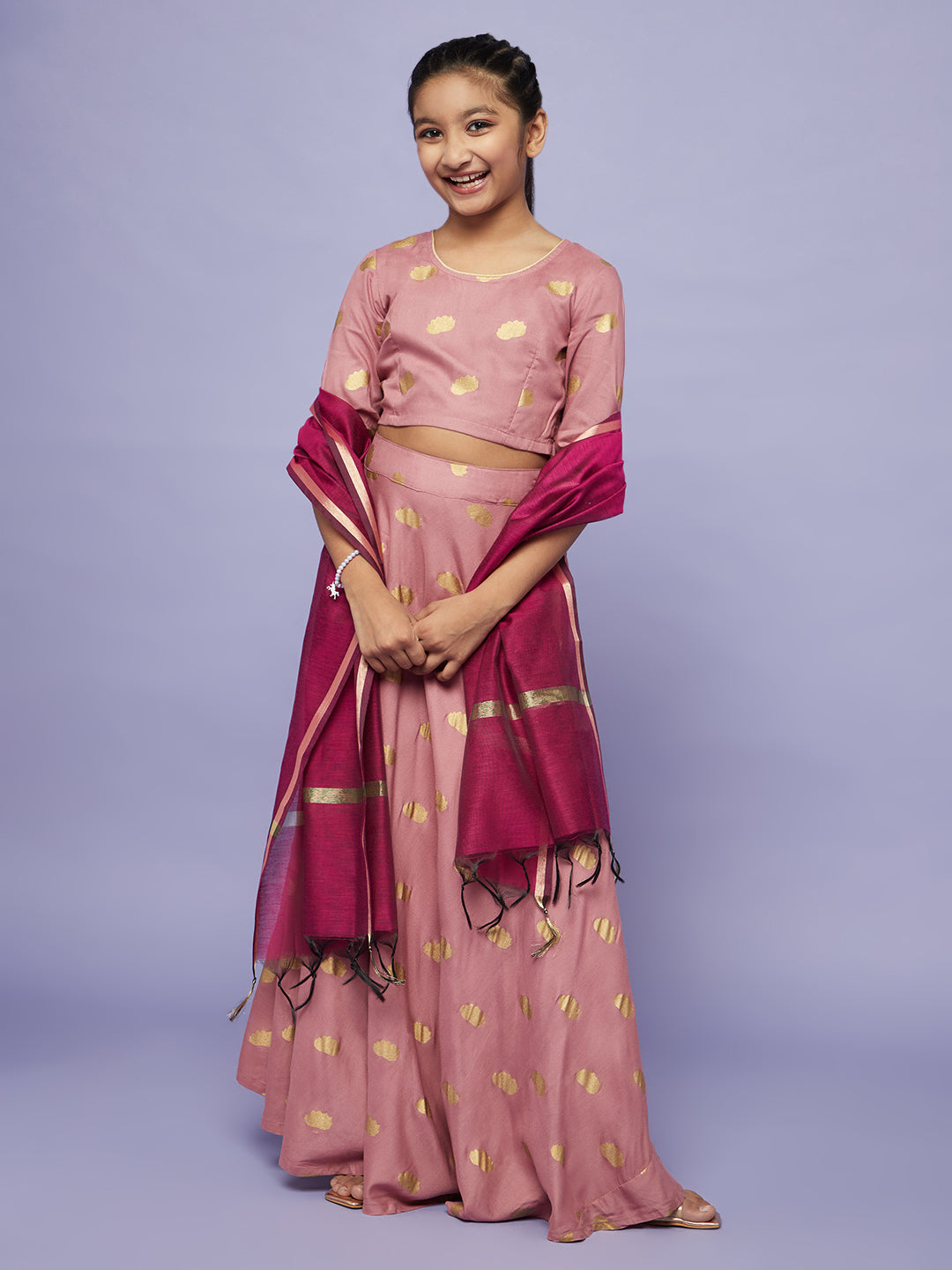 Mauve Gold Printed Lehenga Choli With Dupatta Set - Elganza
