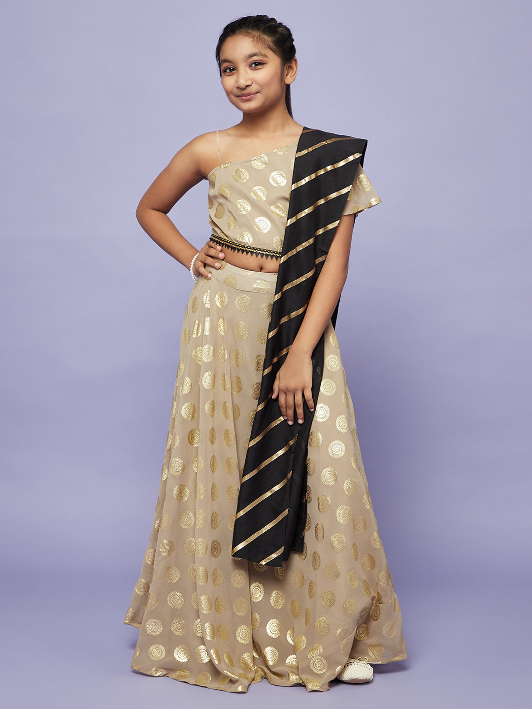 Beige Foil Printed Lehenga Choli With Dupatta - Elganza