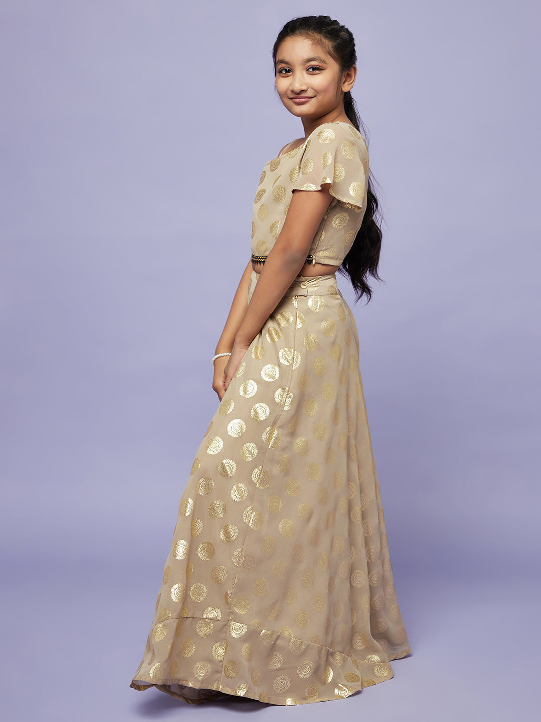 Beige Foil Printed Lehenga Choli With Dupatta - Elganza