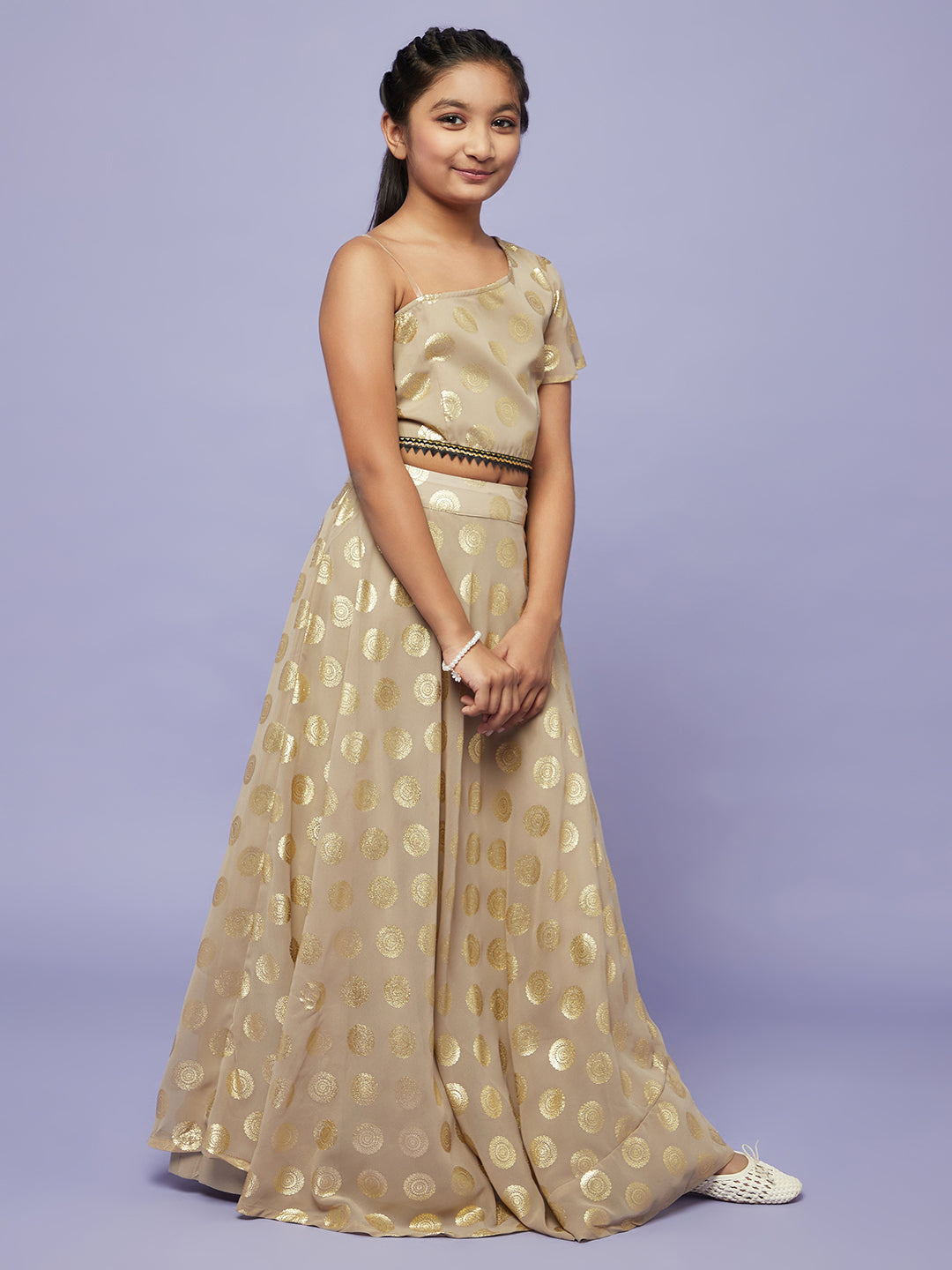 Beige Foil Printed Lehenga Choli With Dupatta - Elganza