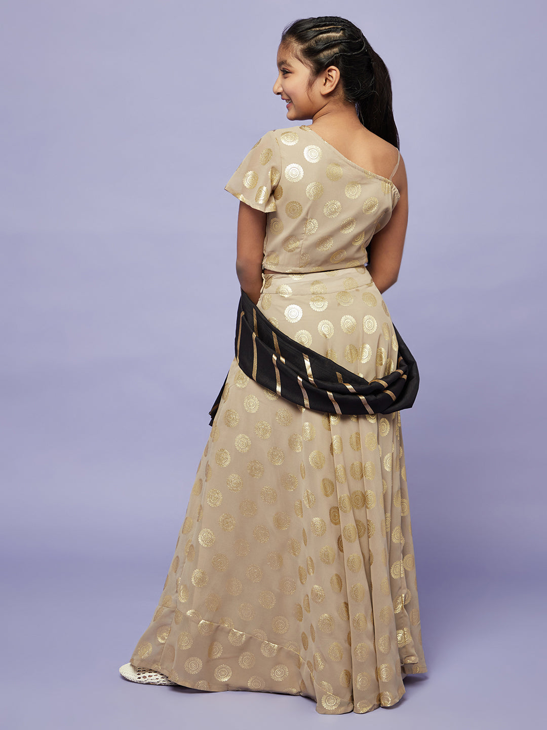 Beige Foil Printed Lehenga Choli With Dupatta - Elganza