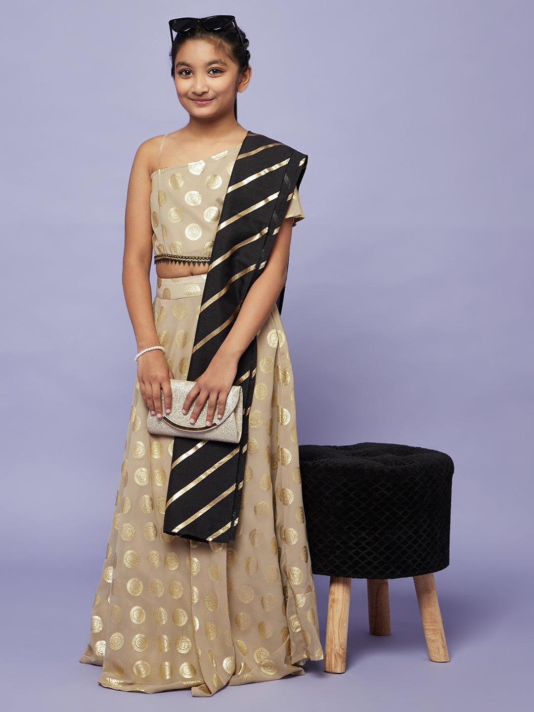 Beige Foil Printed Lehenga Choli With Dupatta - Elganza