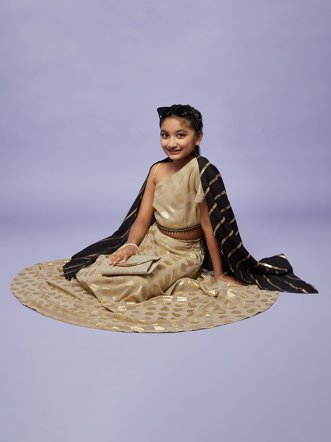 Beige Foil Printed Lehenga Choli With Dupatta - Elganza