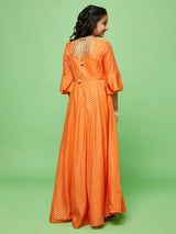 Orange Checked Long Dress With Bag - Elganza