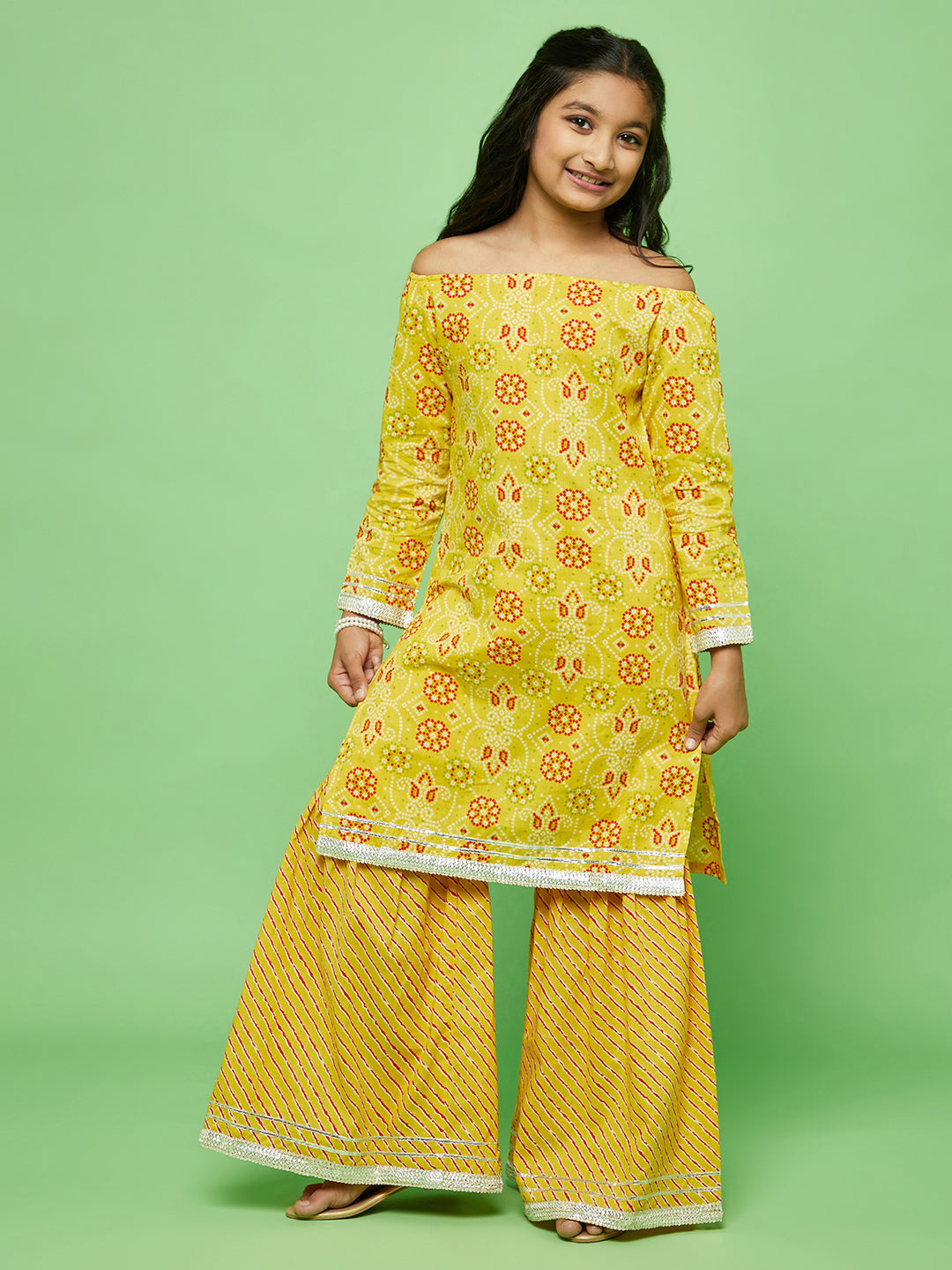 Yellow Bandhani Print Kurta With Sharara - Elganza
