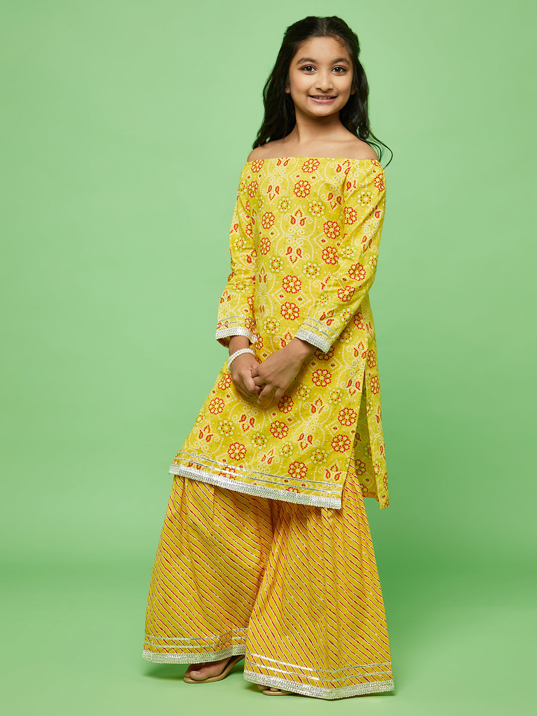 Yellow Bandhani Print Kurta With Sharara - Elganza