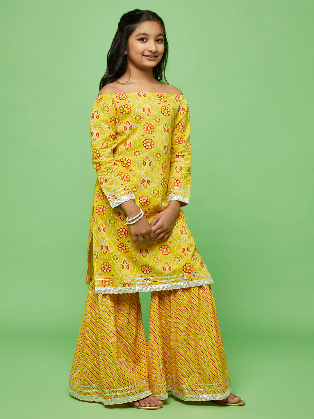 Yellow Bandhani Print Kurta With Sharara - Elganza