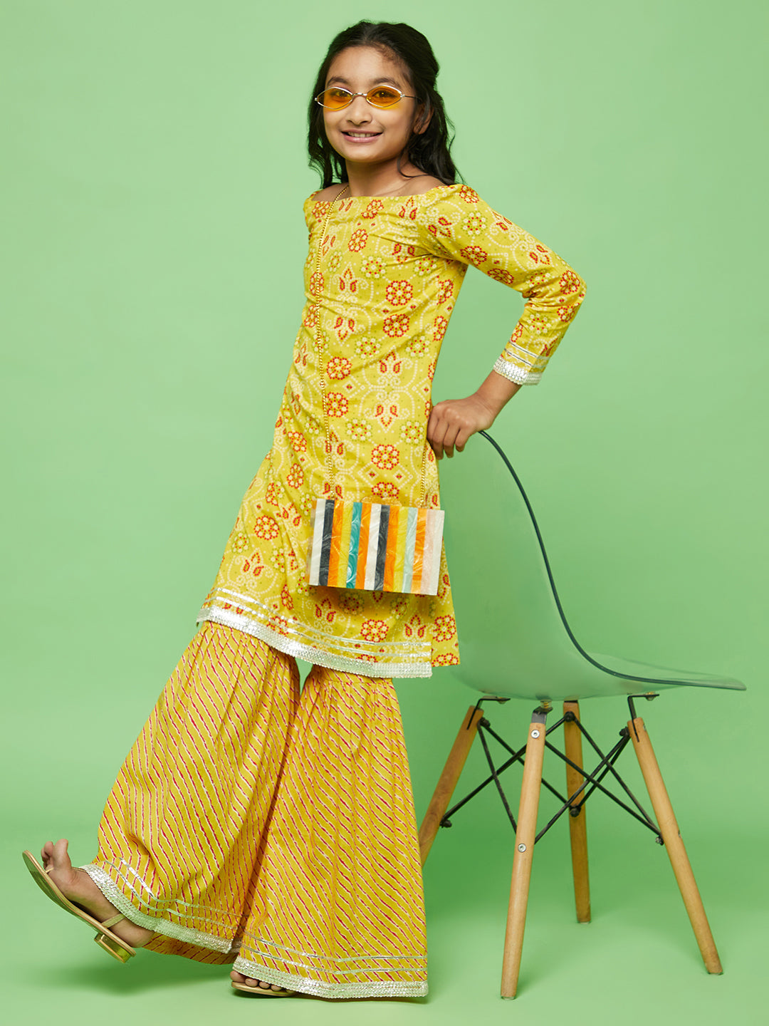 Yellow Bandhani Print Kurta With Sharara - Elganza