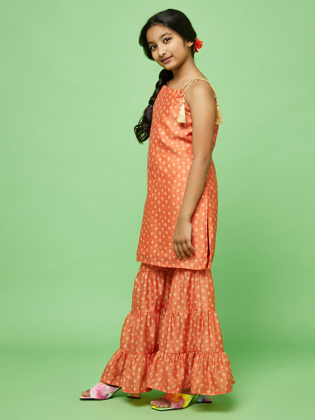 Orange Digital Print Kurta Sharara With Dupatta - Elganza
