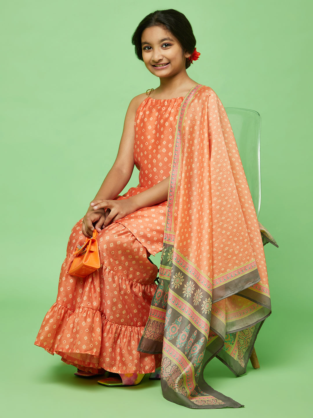 Orange Digital Print Kurta Sharara With Dupatta - Elganza