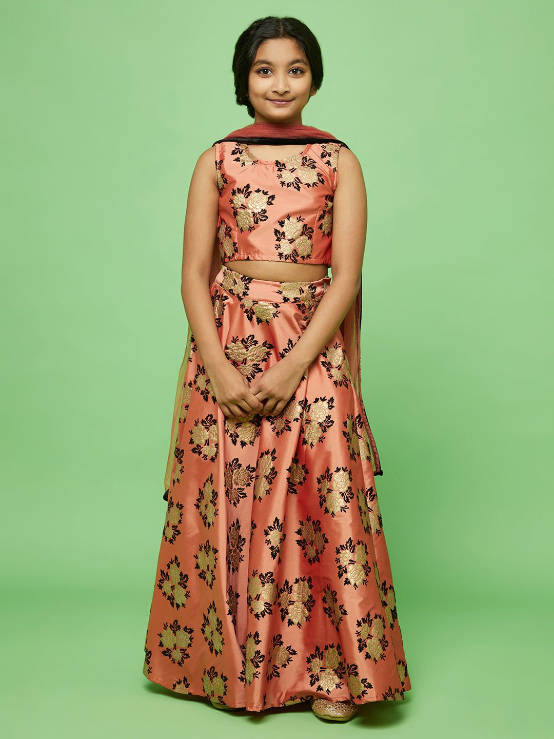 Rose Gold Flock Printed Lehenga Choli With Dupatta - Elganza