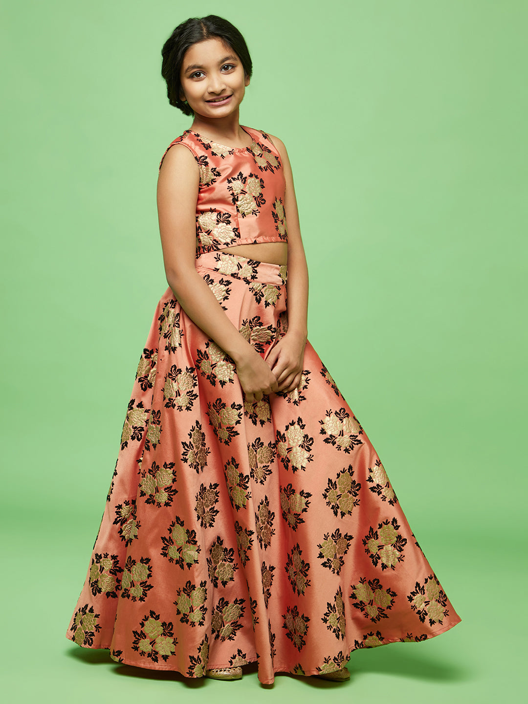 Rose Gold Flock Printed Lehenga Choli With Dupatta - Elganza