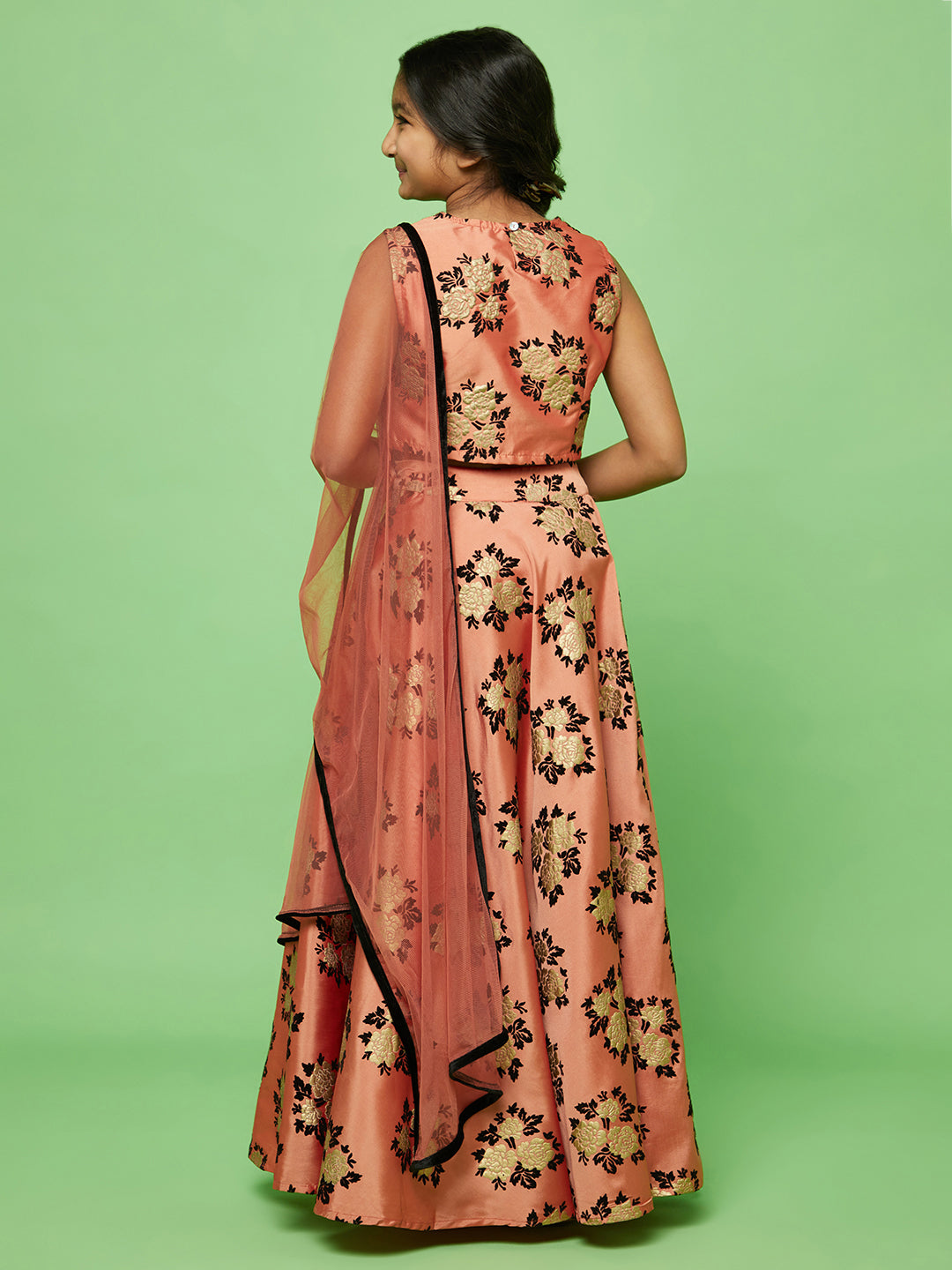 Rose Gold Flock Printed Lehenga Choli With Dupatta - Elganza