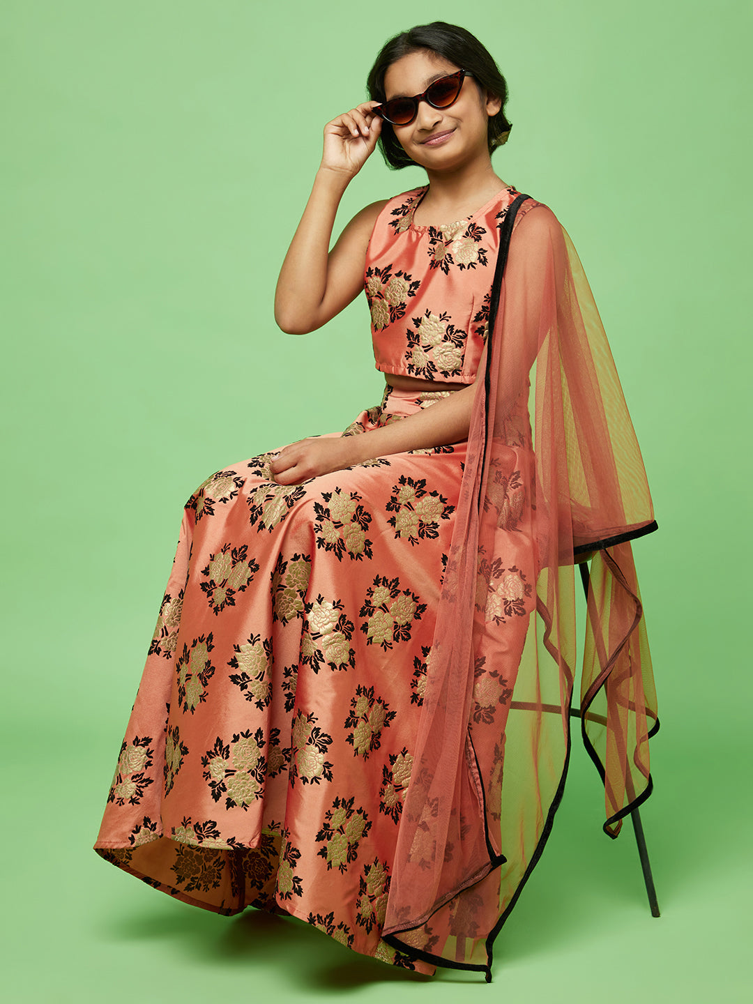 Rose Gold Flock Printed Lehenga Choli With Dupatta - Elganza