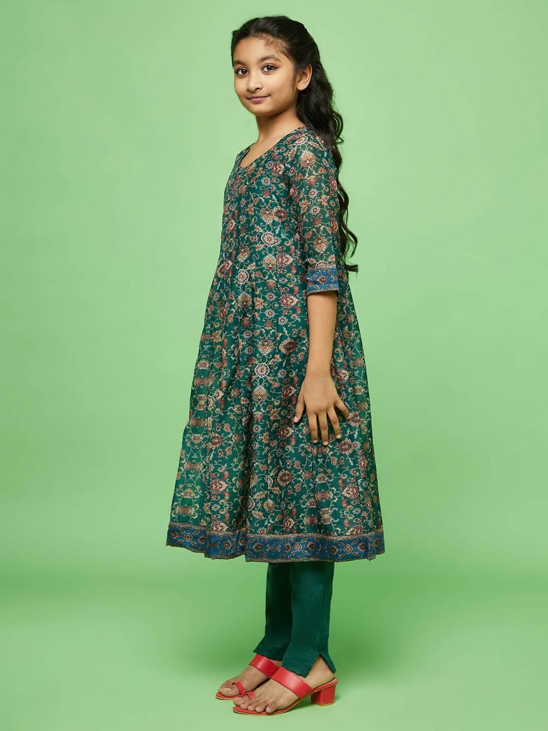 Green Floral Print Anarkali Pant With Dupatta - Elganza