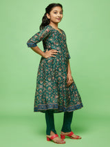 Green Floral Print Anarkali Pant With Dupatta - Elganza