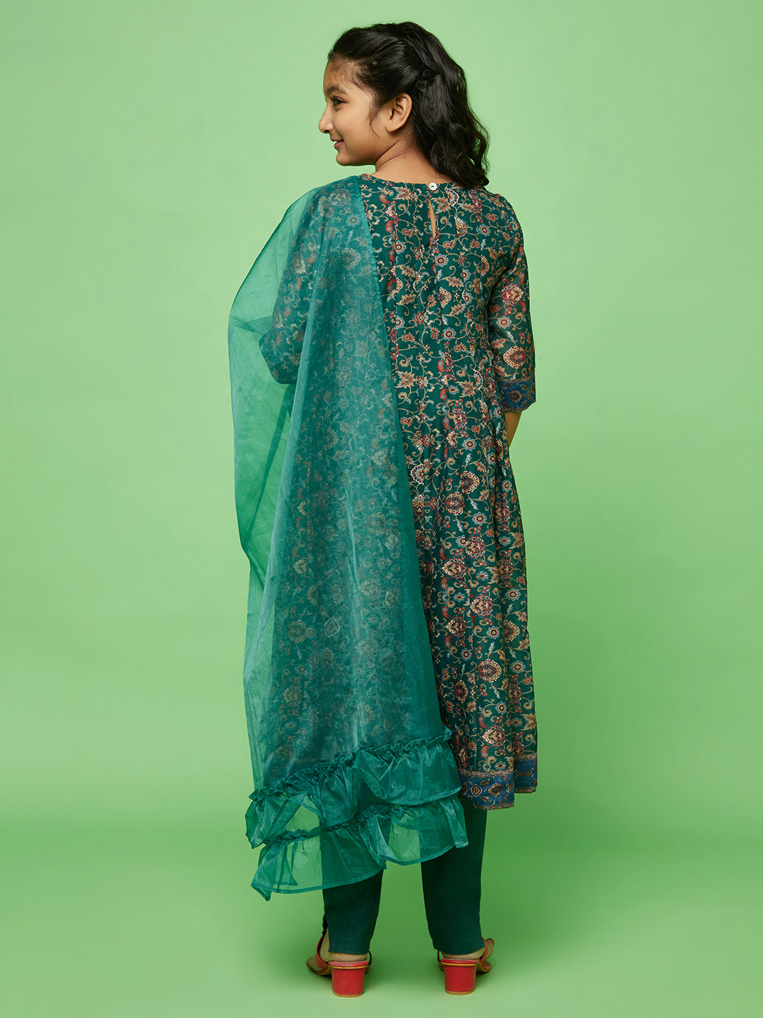 Green Floral Print Anarkali Pant With Dupatta - Elganza