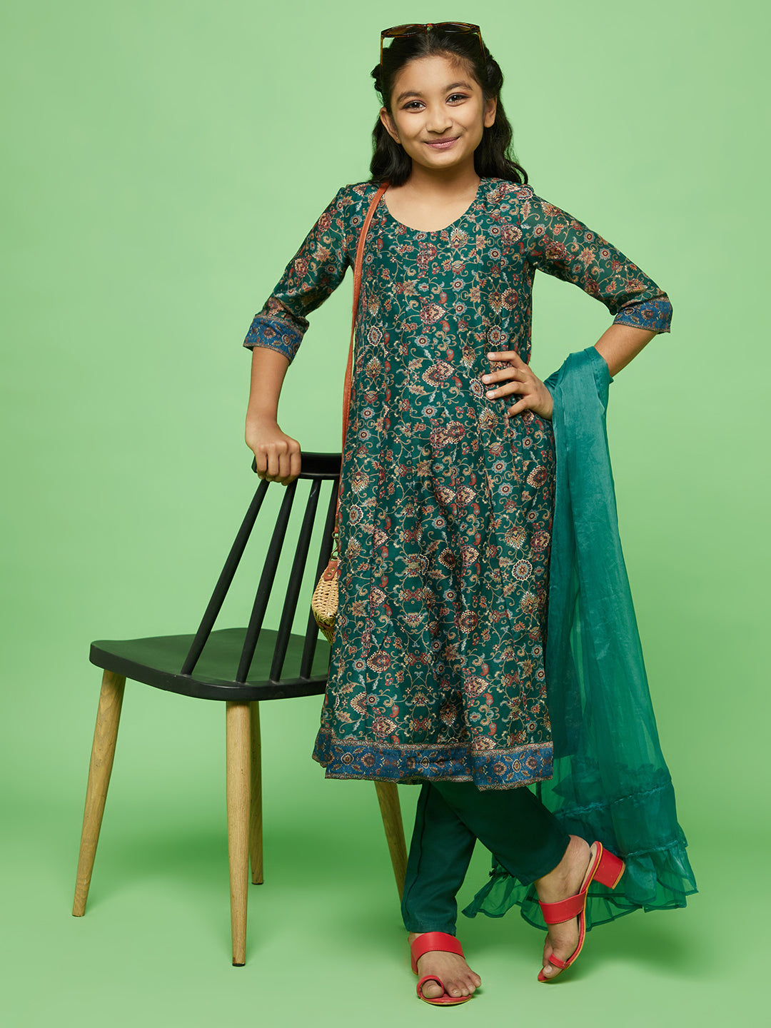 Green Floral Print Anarkali Pant With Dupatta - Elganza