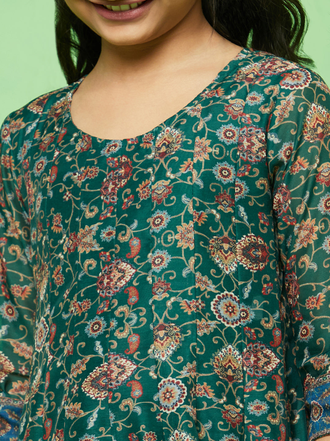 Green Floral Print Anarkali Pant With Dupatta - Elganza