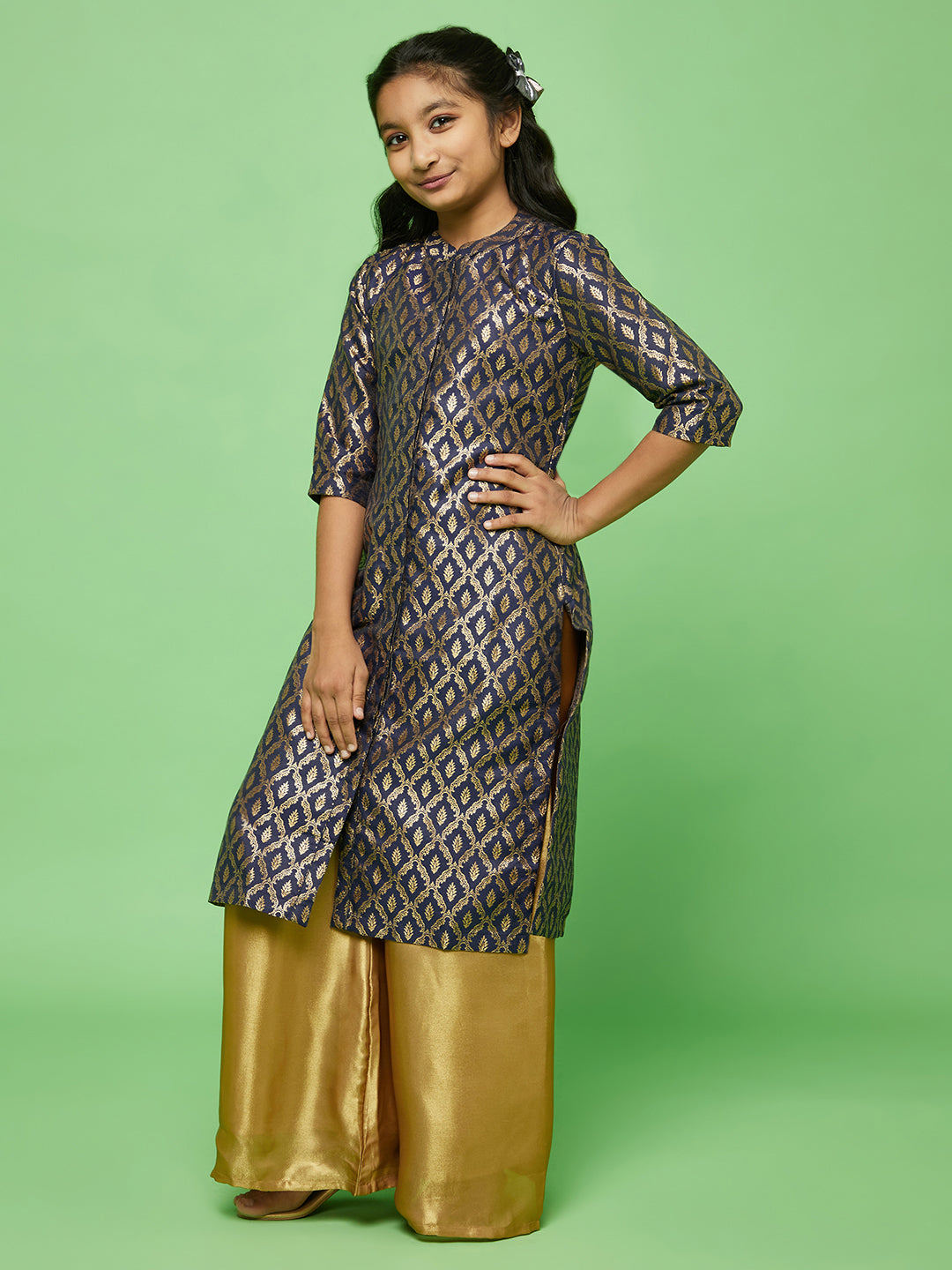 Navy Blue Floral Pattern Kurta With Palazzo - Elganza