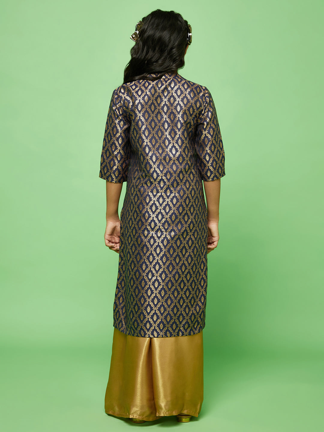 Navy Blue Floral Pattern Kurta With Palazzo - Elganza