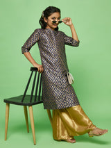 Navy Blue Floral Pattern Kurta With Palazzo - Elganza