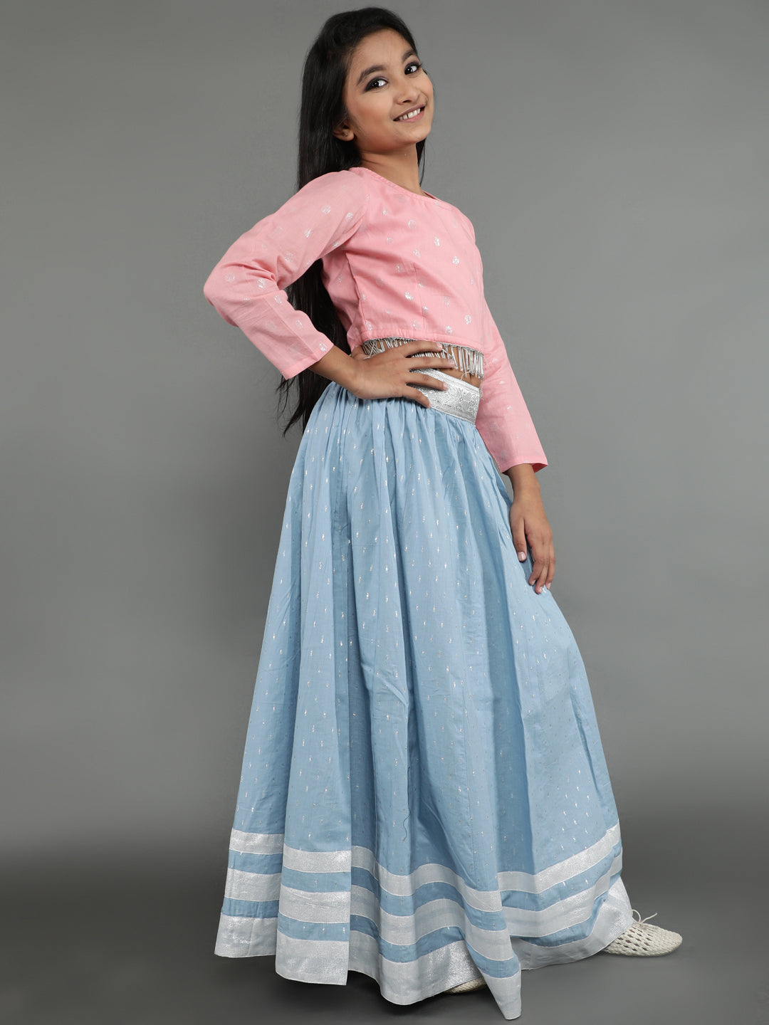 Blue & Pink Dobby Design Lehenga Choli With Dupatta - Elganza