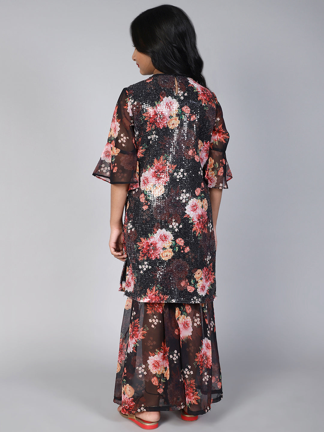 Black Sequin Floral Print Kurta With Sharara - Elganza