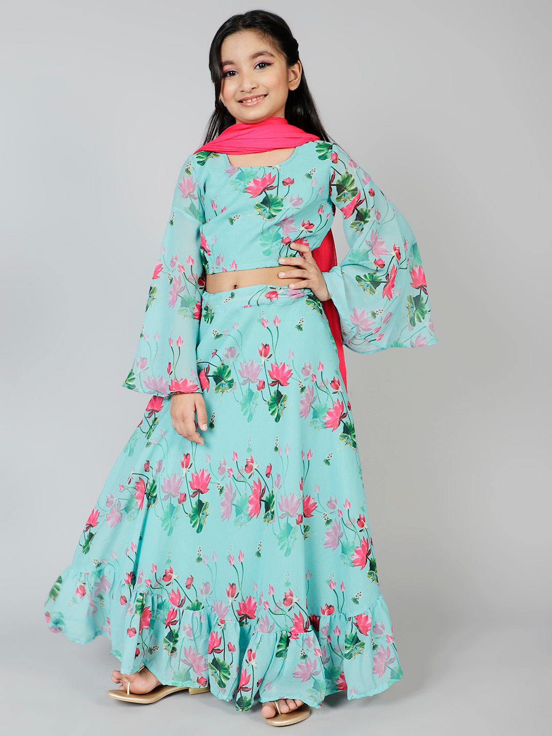 Blue Floral Print Lehenga Choli With Dupatta - Elganza