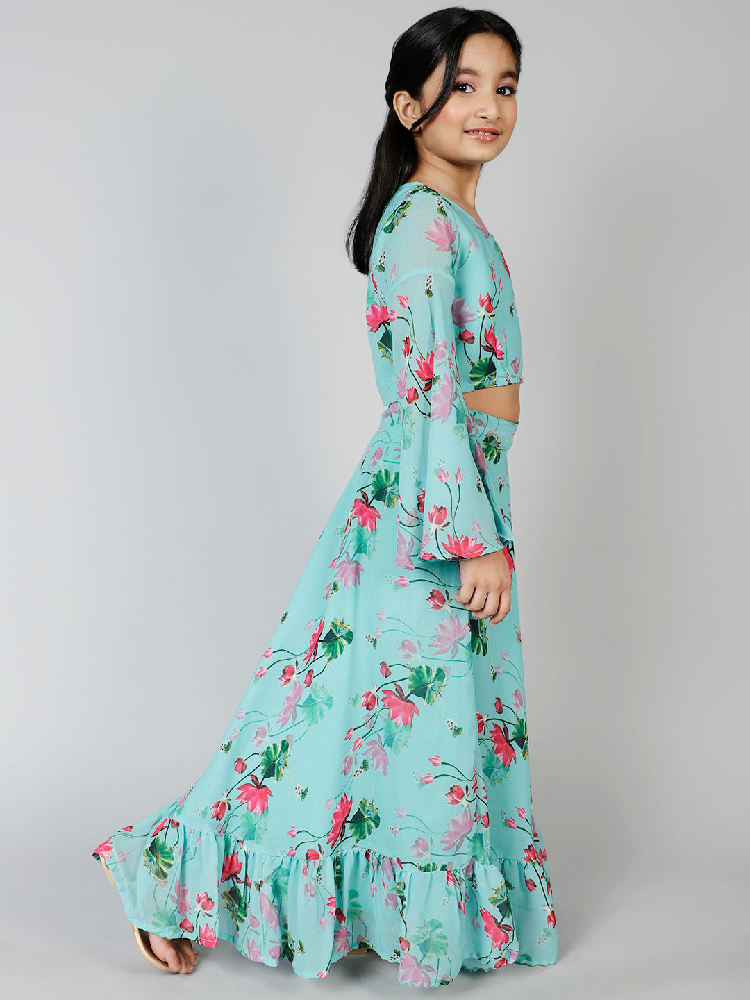 Blue Floral Print Lehenga Choli With Dupatta - Elganza