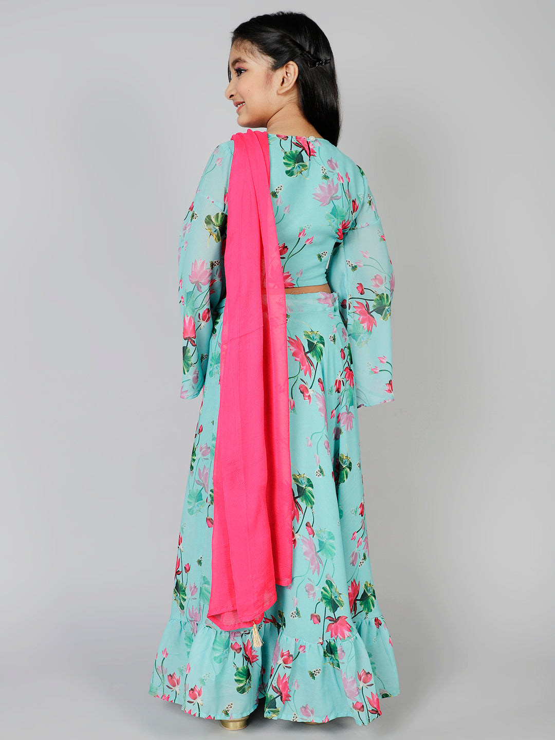 Blue Floral Print Lehenga Choli With Dupatta - Elganza