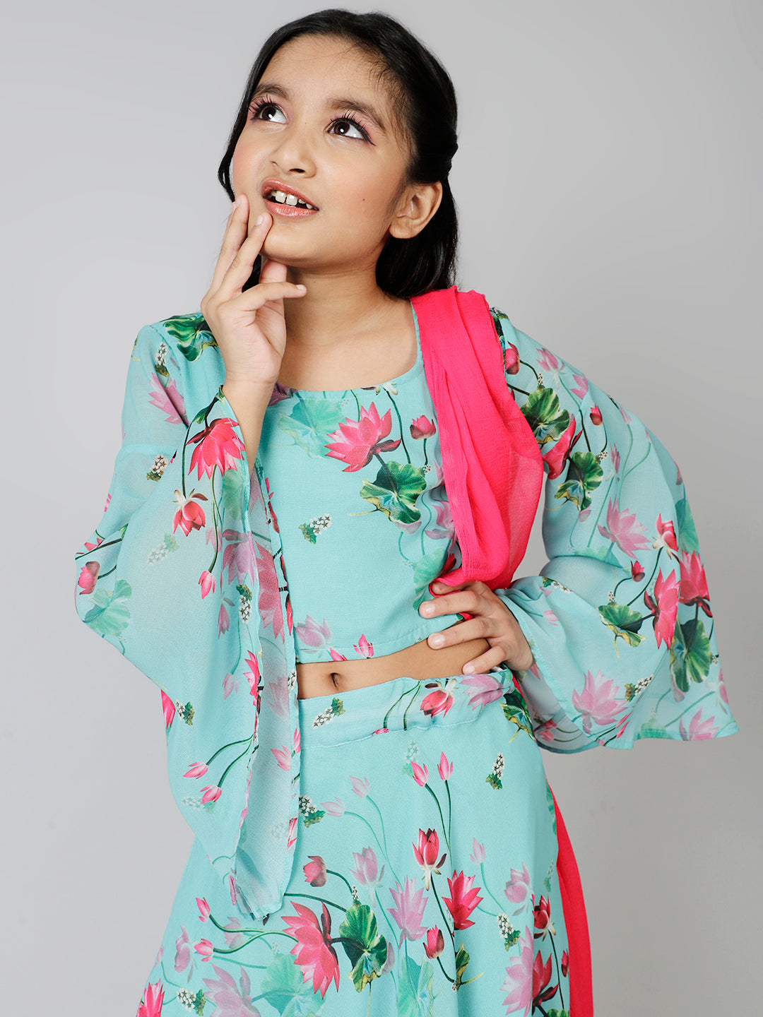 Blue Floral Print Lehenga Choli With Dupatta - Elganza