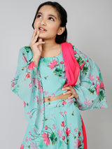 Blue Floral Print Lehenga Choli With Dupatta - Elganza
