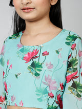 Blue Floral Print Lehenga Choli With Dupatta - Elganza