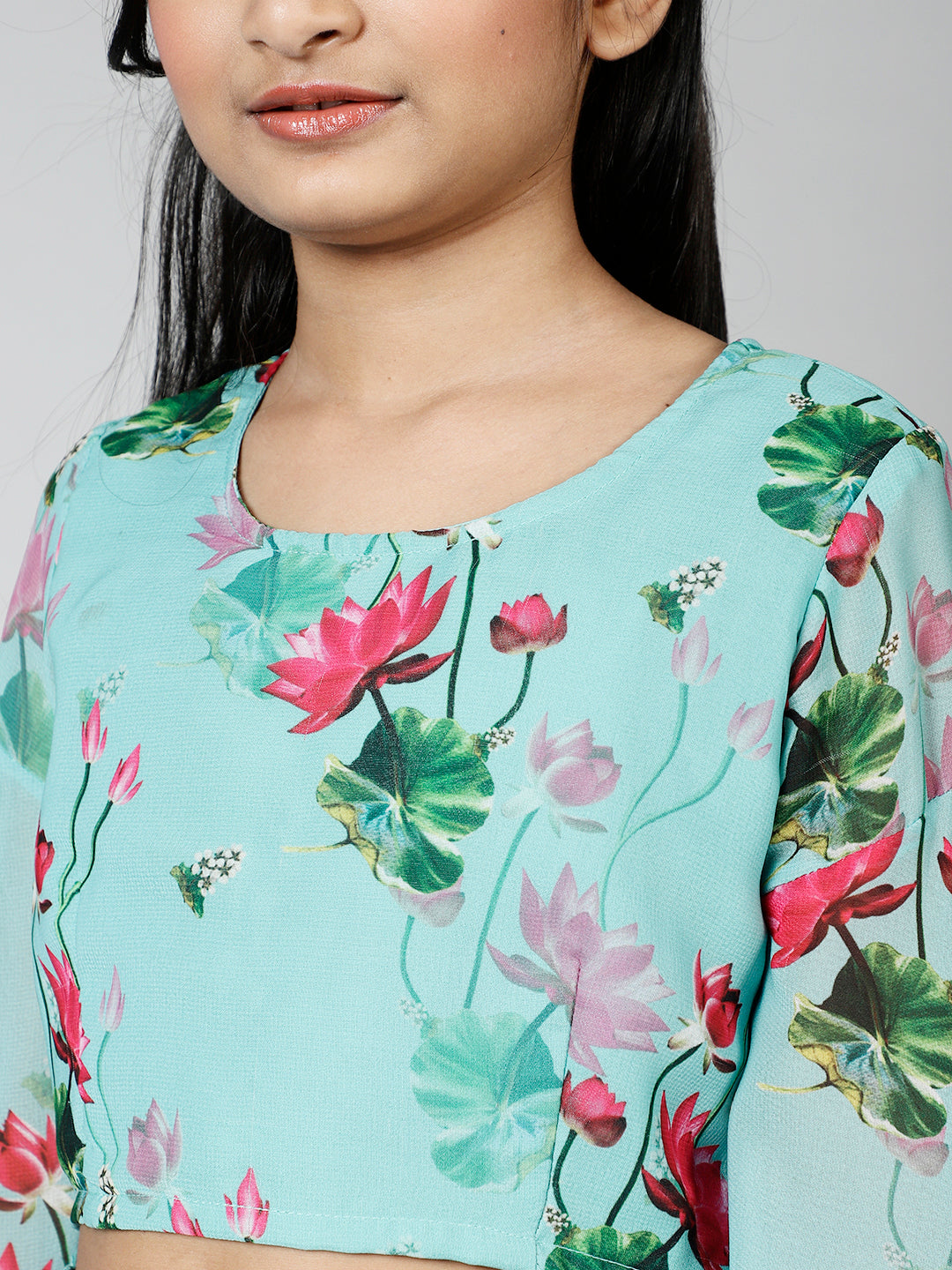 Blue Floral Print Lehenga Choli With Dupatta - Elganza