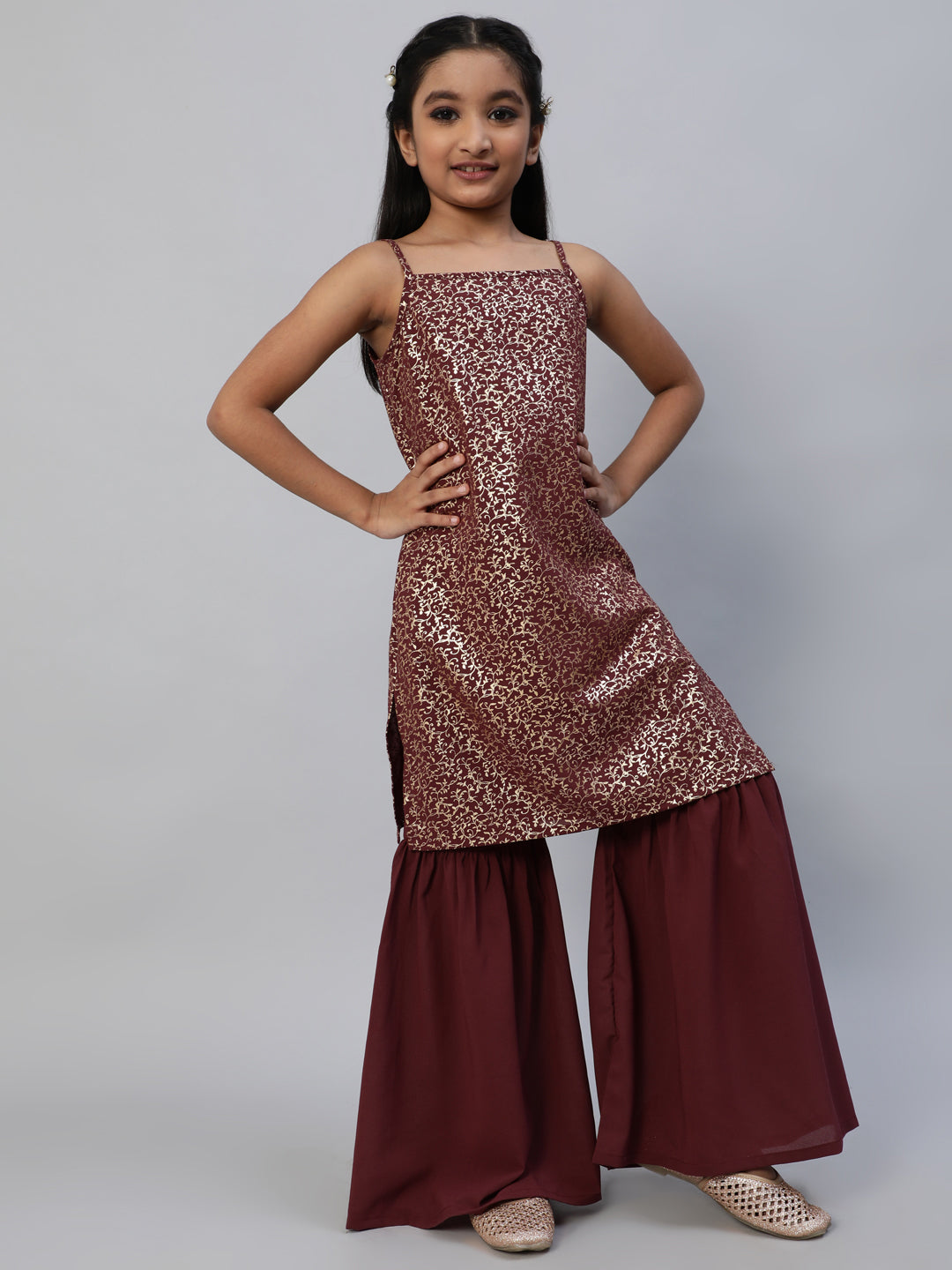 Burgundy Foil Printed Kurta With Sharara - Elganza