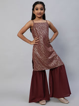 Burgundy Foil Printed Kurta With Sharara - Elganza