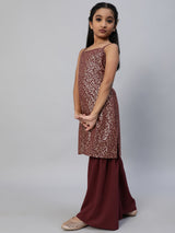 Burgundy Foil Printed Kurta With Sharara - Elganza