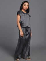 Grey Taffeta Pleated Top With Palazzo