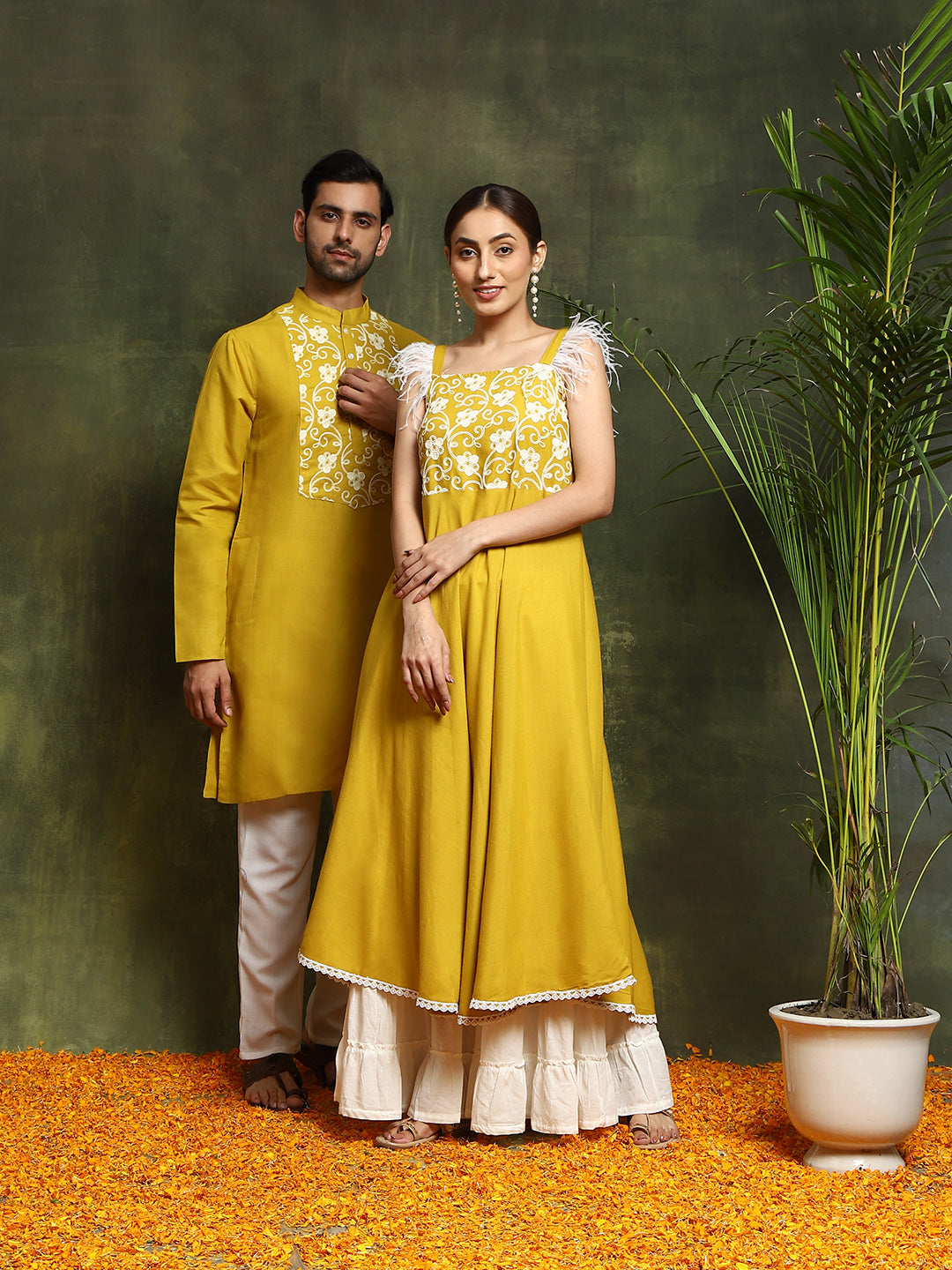 Couple Combo- Mustard Embroidered Couple Combo - Elganza