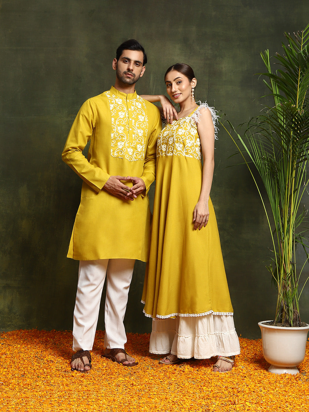 Couple Combo- Mustard Embroidered Couple Combo - Elganza