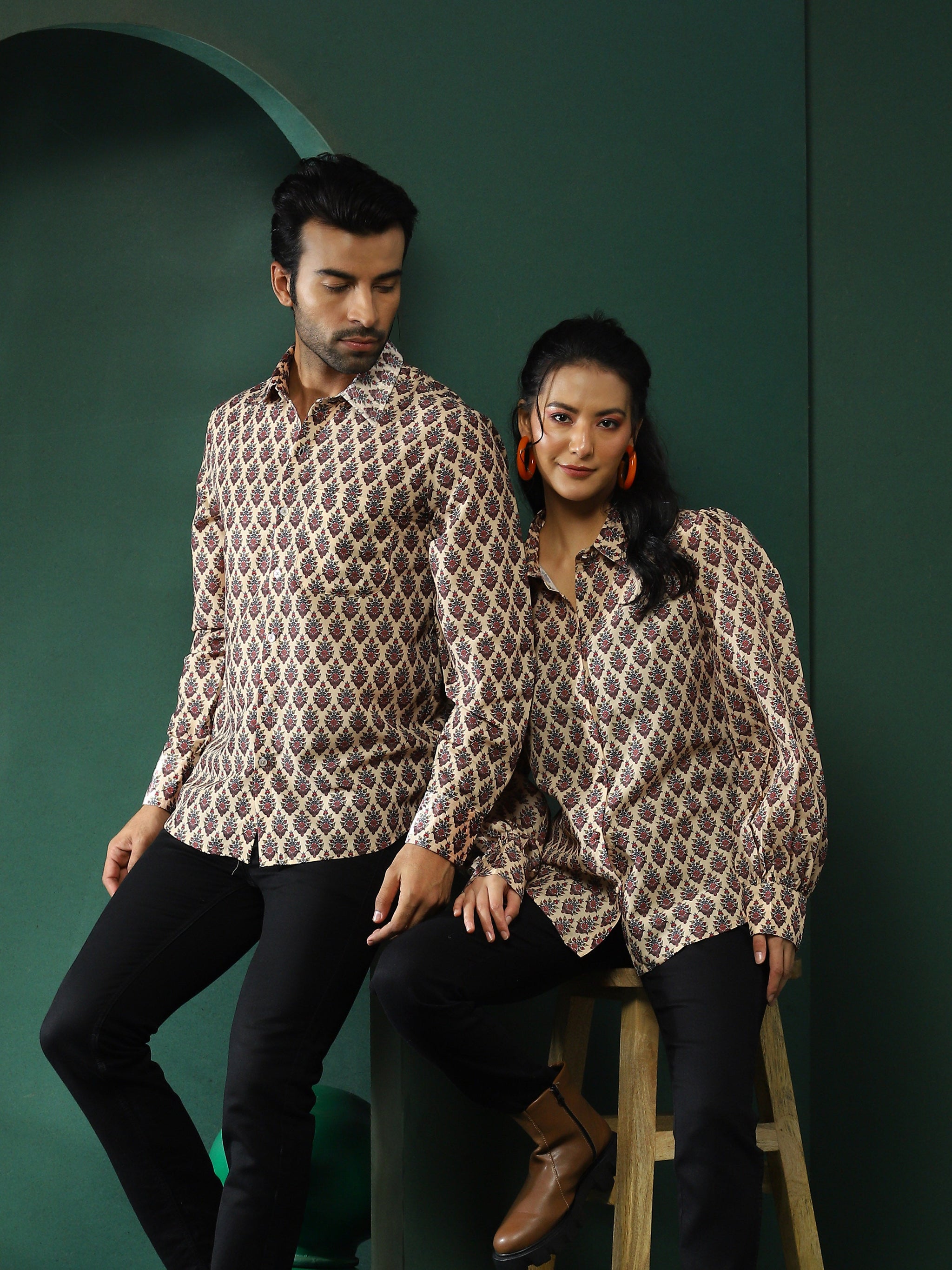 Cream Floral Print Couple Combo Set - Elganza