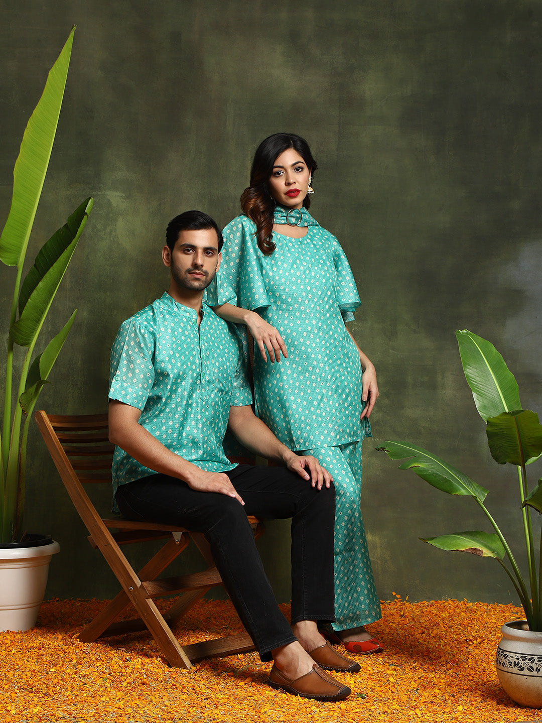 Green Bandhani Print Couple Combo - Elganza