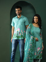 Green Pichwai Print Couple Combo Set - Elganza